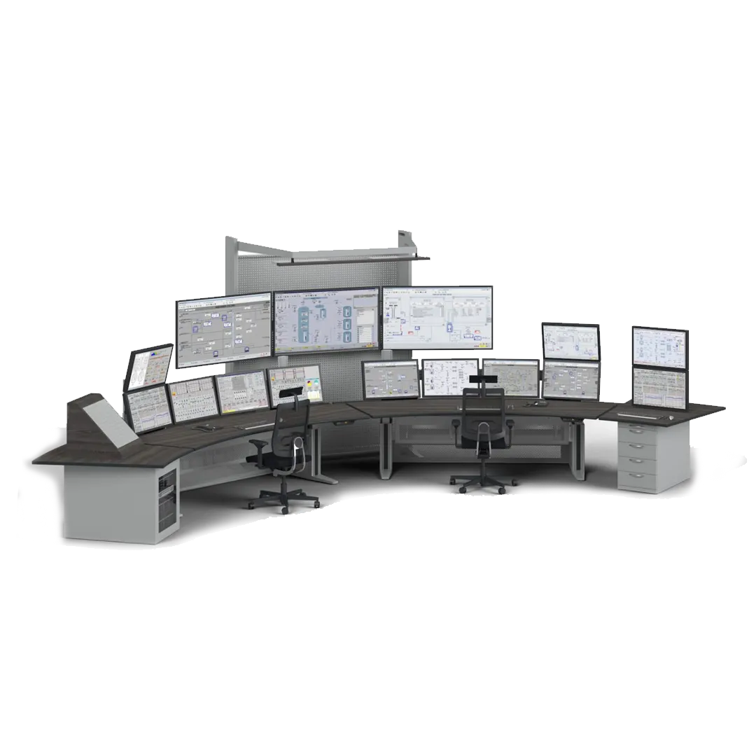 Large curved console workstation with multiple screens