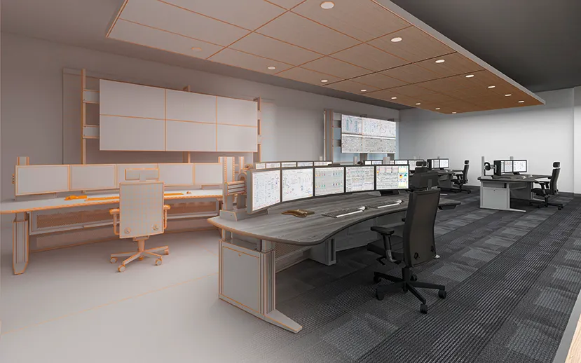 A control room with consoles and chairs