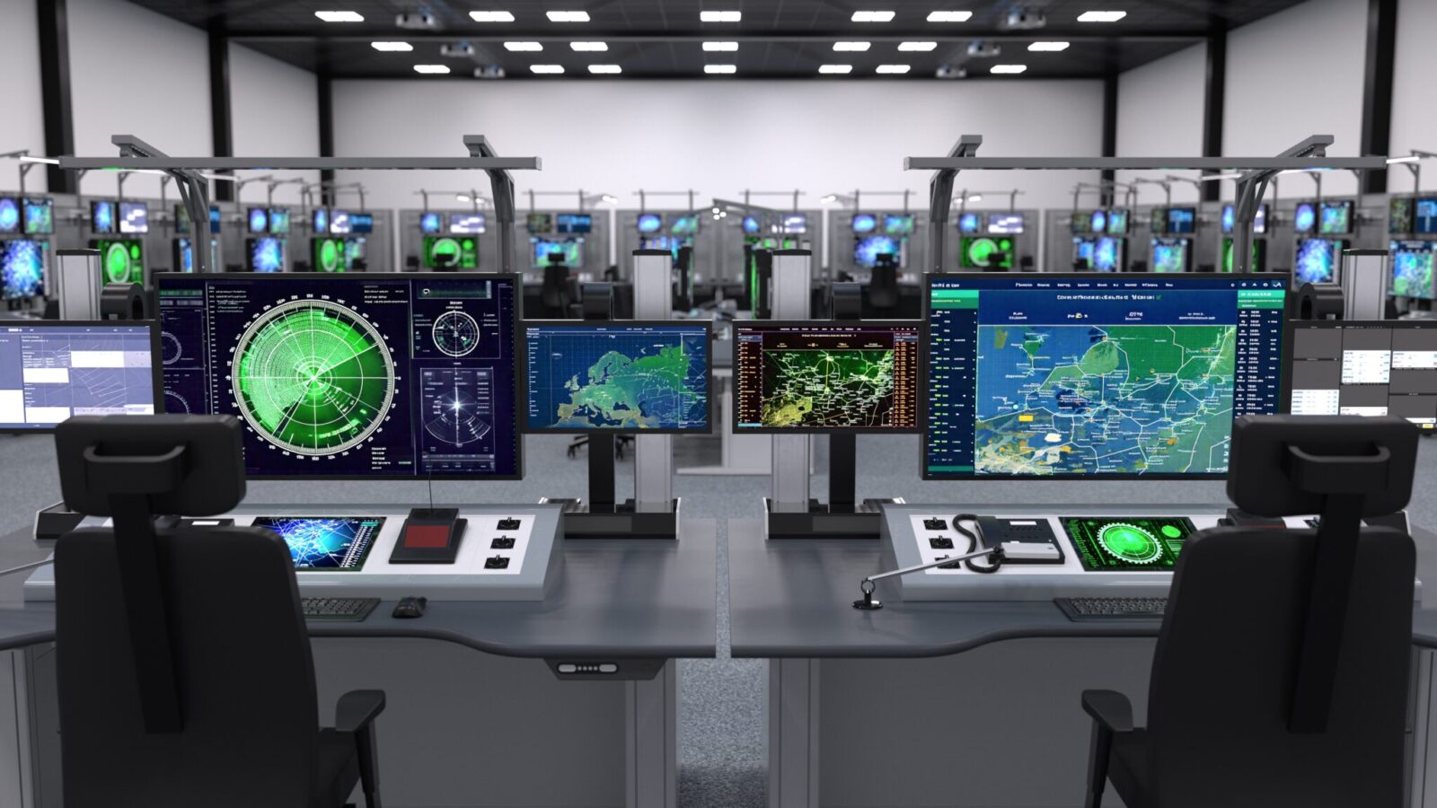 A control centre with large video wall at front and large numbers of consoles