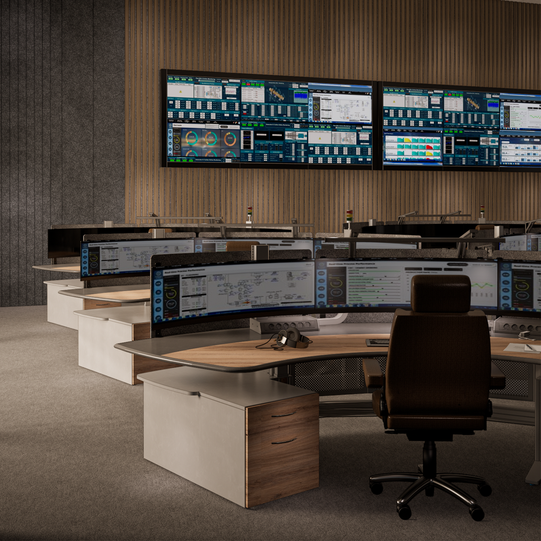 Security control centre with workstations and screens