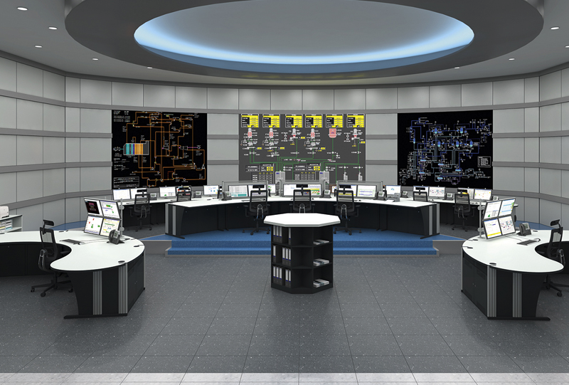 Graphic 3-D illustration of control room design layout with Dacobas workstations