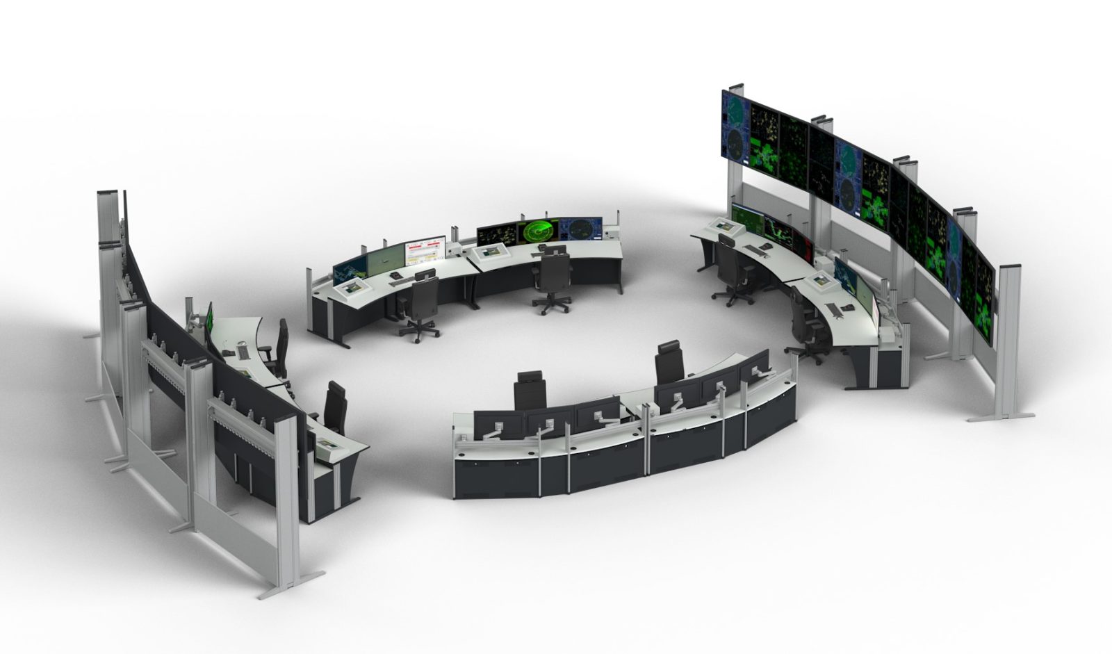 Graphic 3-D illustration of control room floor plan with Dacobas workstations