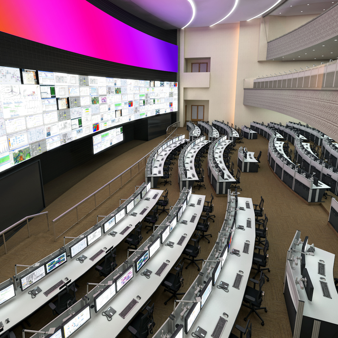 A large power and renewable energy control centre with video wall and large numbers of consoles and workstations